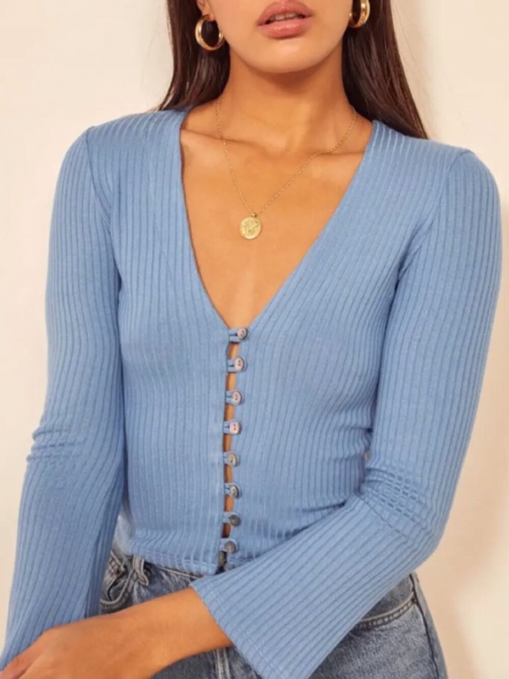 Reformation Geller Knit Button Top Women's XS Parisian Blue Ribbed Stretch Boho